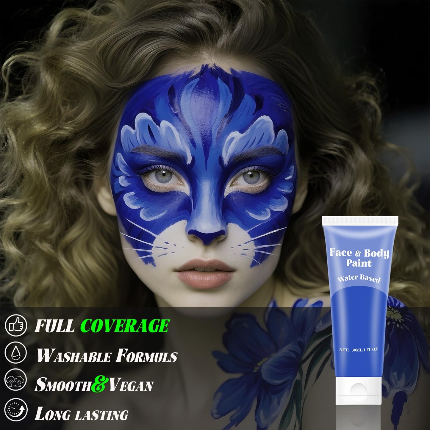 Blue Face Body Paint,Water-based Cream Painting,Blendable Face paint for Halloween Avatar Smurf Mystique Cosplay, Costume, Parties, Stage, Theater