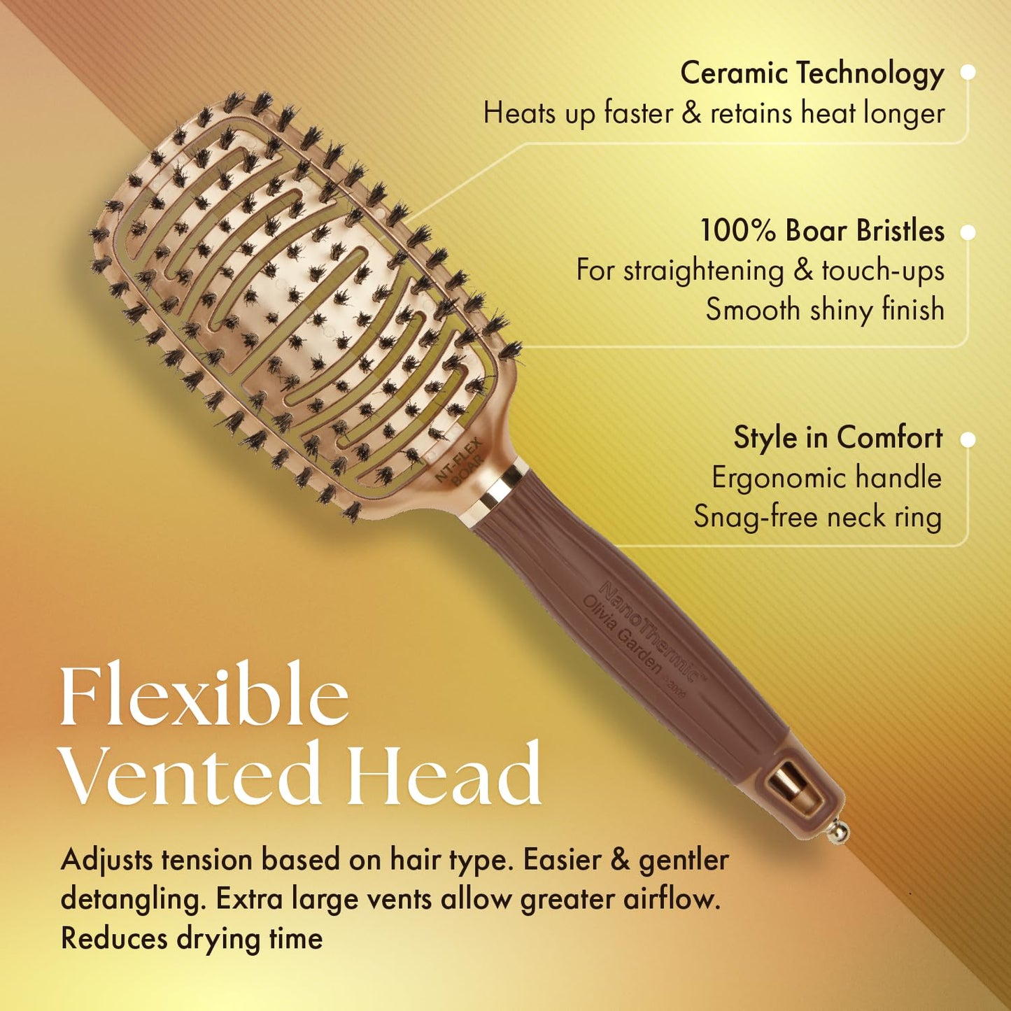 Olivia Garden NanoThermic Ceramic + Ion Flex Scalp-Hugging & Vented Hair Brush NT-FLEXBR (Boar)