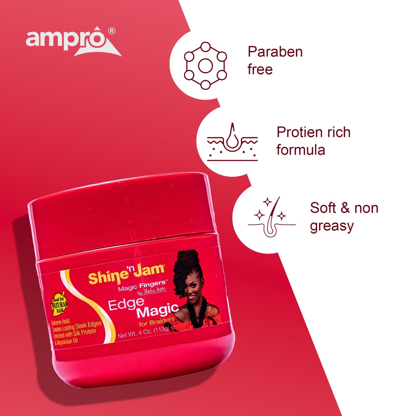 AmPro Shine-n-Jam Magic Fingers Edge Control - Provides Firm Hold with Non-Greasy Shine - Strengthens Hair with Silk Proteins and Softens