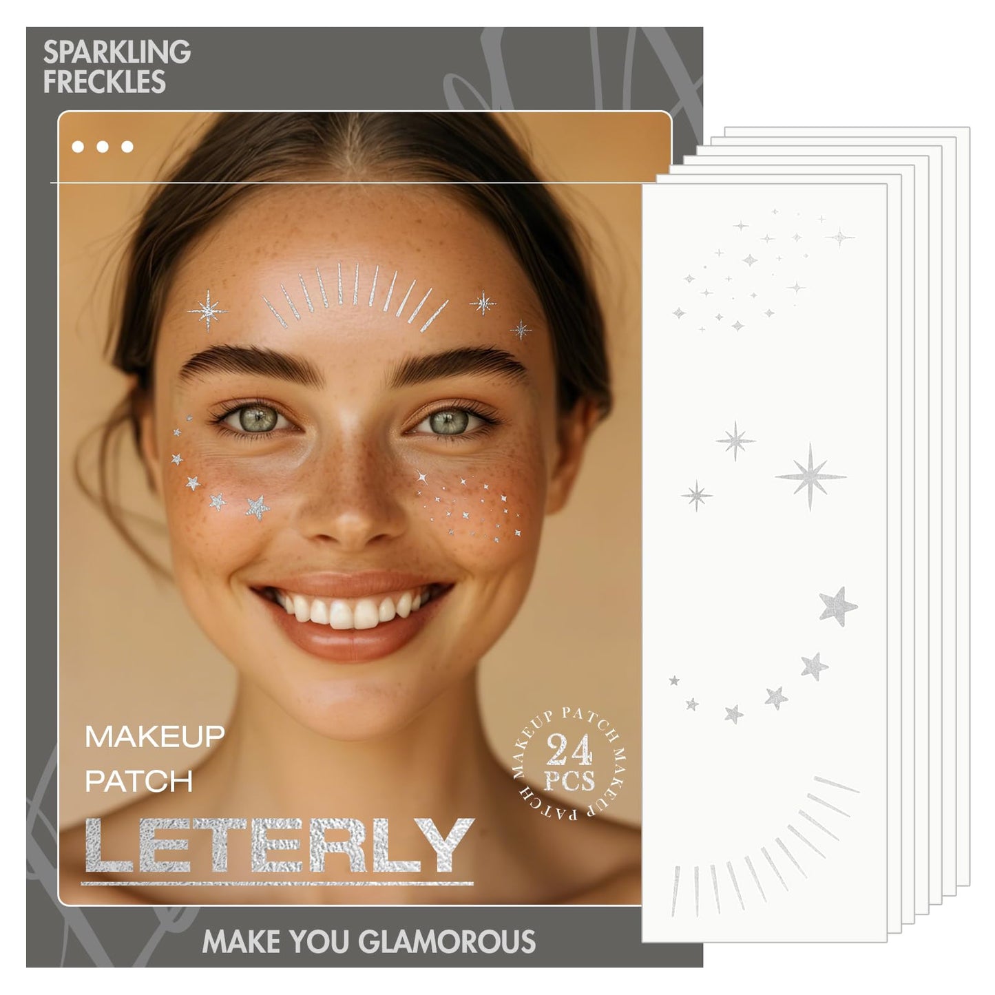 Leterly 24 Pcs Glitter Freckles Face Tattoo,Silver Face Glitter Makeup Patches Cute Sparkle Freckles Patches Waterproof Makeup Speckles for Face