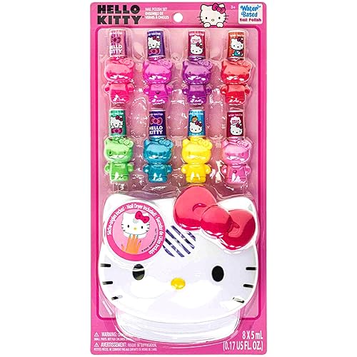Hello Kitty 8 Pack Non-Toxic Peel-Off Shimmer and Opaque, Water-Based Safe Nail Polish Set with Nail Dryer for Kids, AA Batteries Not Included, Ages 3