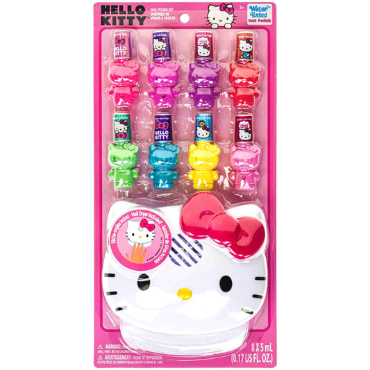 Hello Kitty 8 Pack Non-Toxic Peel-Off Shimmer and Opaque, Water-Based Safe Nail Polish Set with Nail Dryer for Kids, AA Batteries Not Included, Ages 3