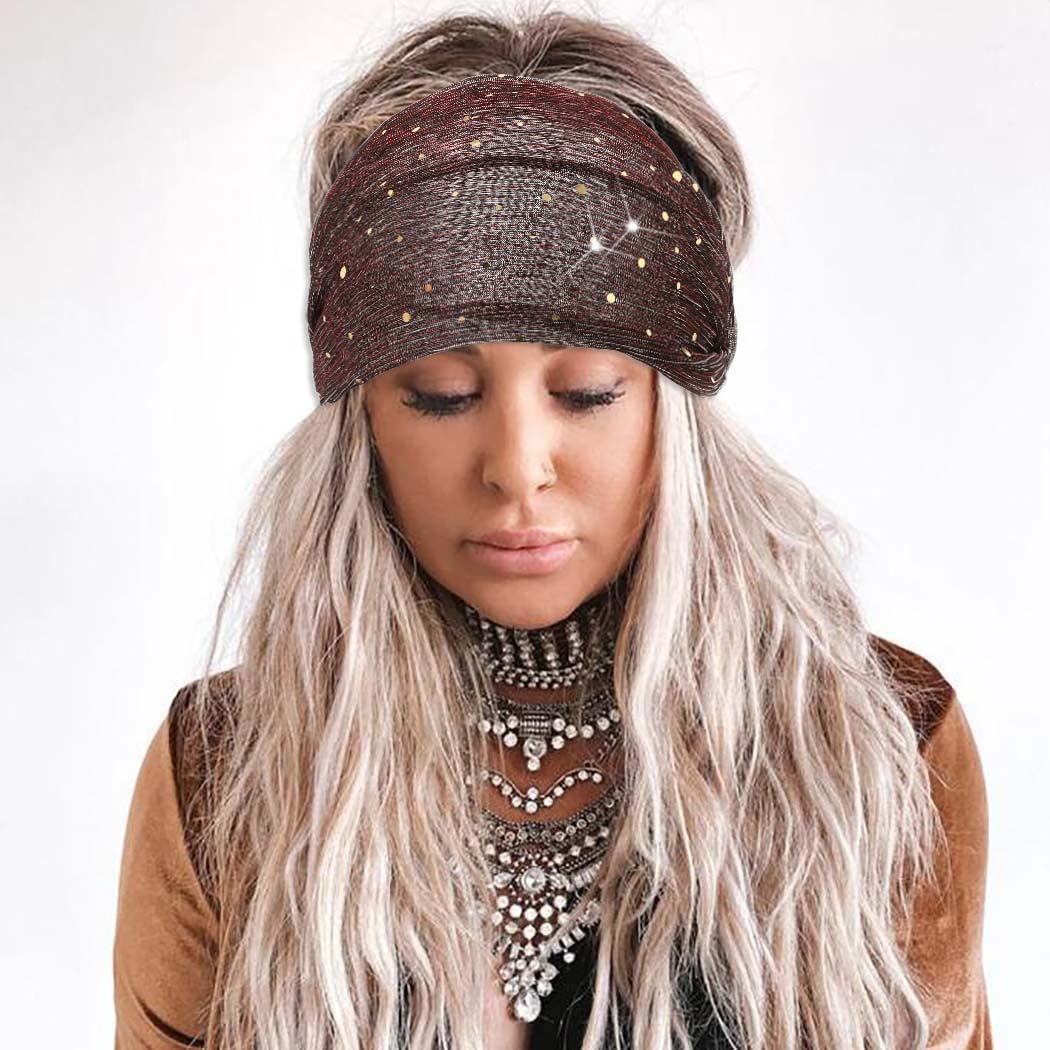 CAKURE Sequin Wide Headband Black Turban Headbands African Glitter Head Wraps Stretchy Bling Hair Wraps Hair Bands Yoga Running Sport Hair Accessories