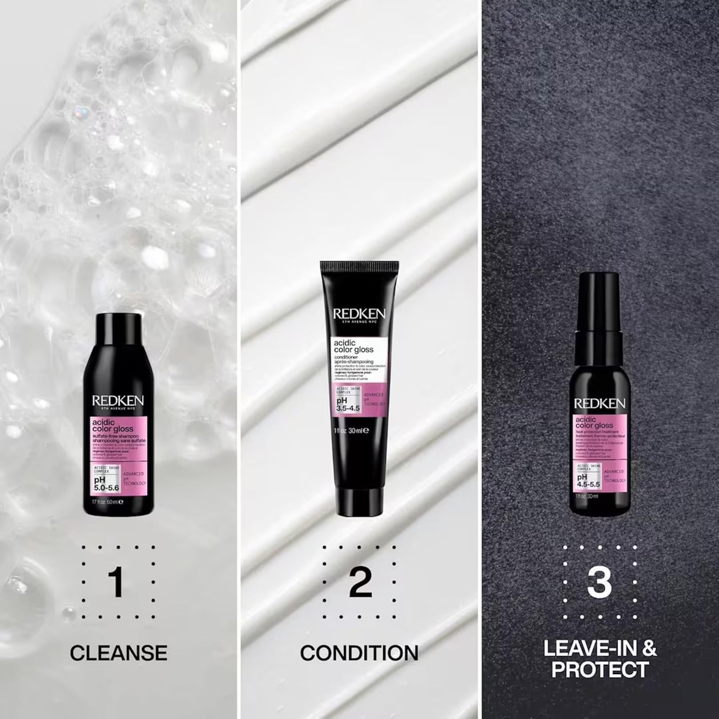 Redken Acidic Color Gloss Shine Mini Kit - Sulfate-Free Shampoo, Conditioner & Heat Protect Leave In Treatment for Hair Shine & Vibrant Color, Travel
