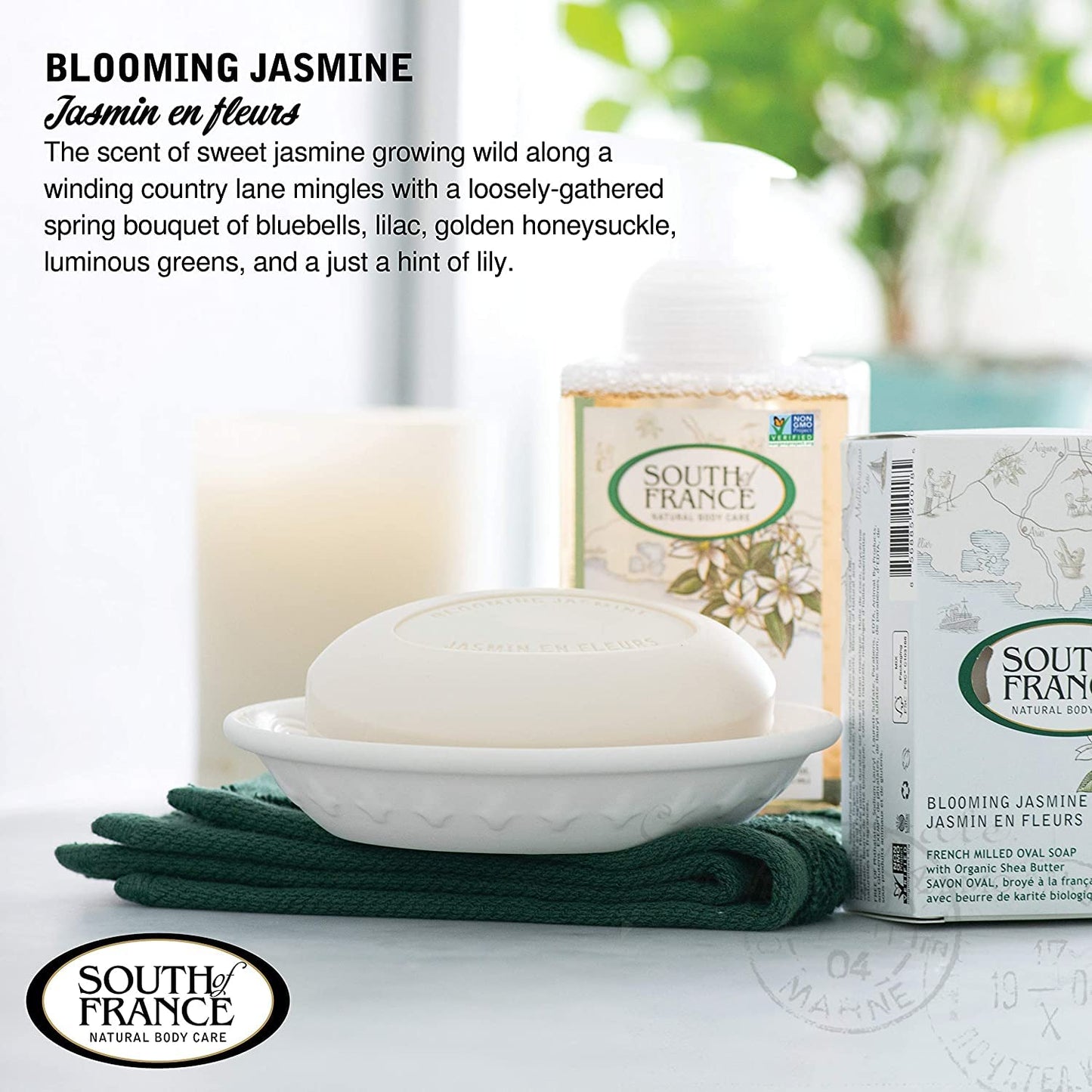 South of France, Blooming Jasmine, French Milled Oval Soap with Organic Shea Butter, 6 oz (170 g) - 2pc2
