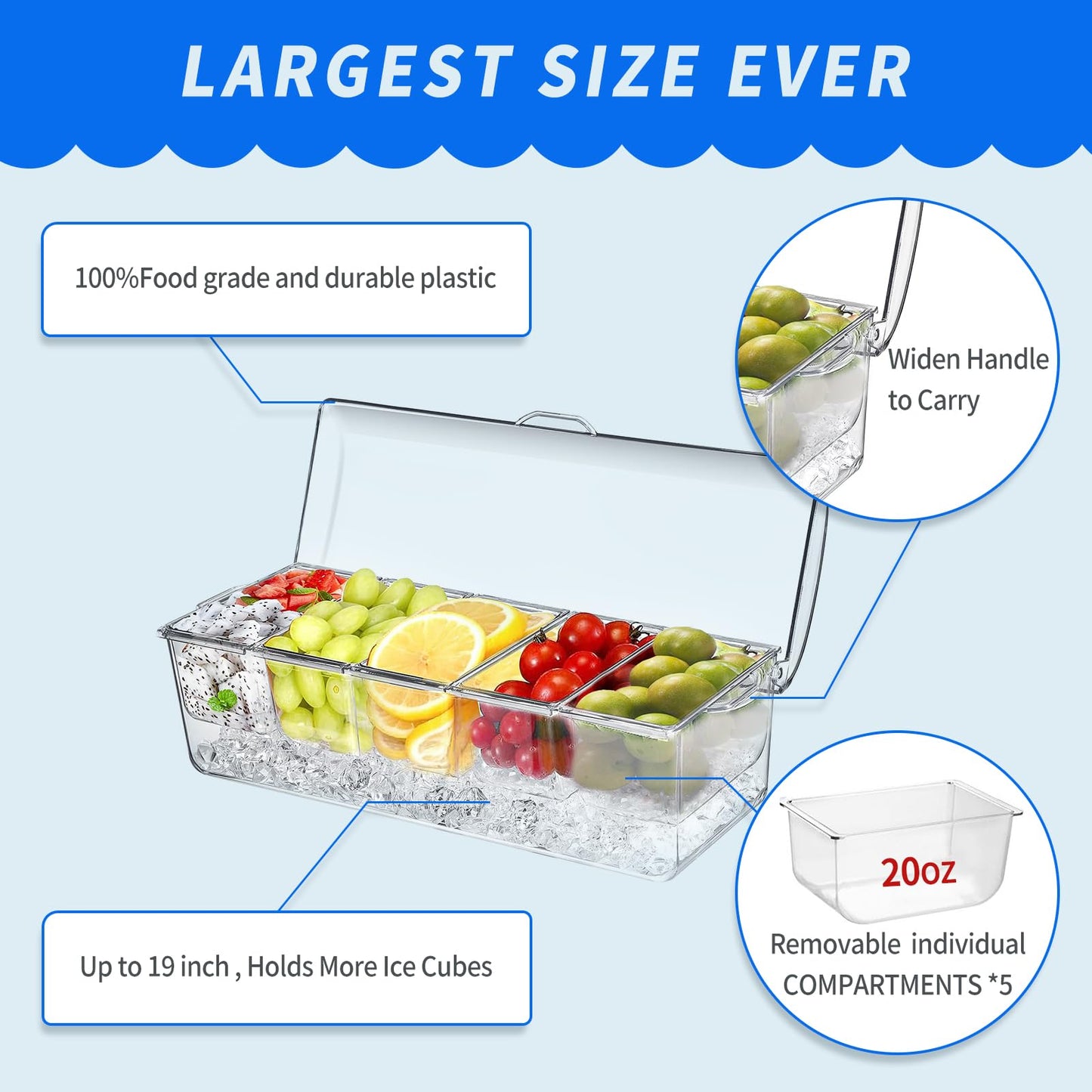 Large Ice Chilled Condiment Caddy，Chilled Condiment Containers Server with Lids for 5 Removable Compartments (2.5 cup)，Serving Platters, Fruit…