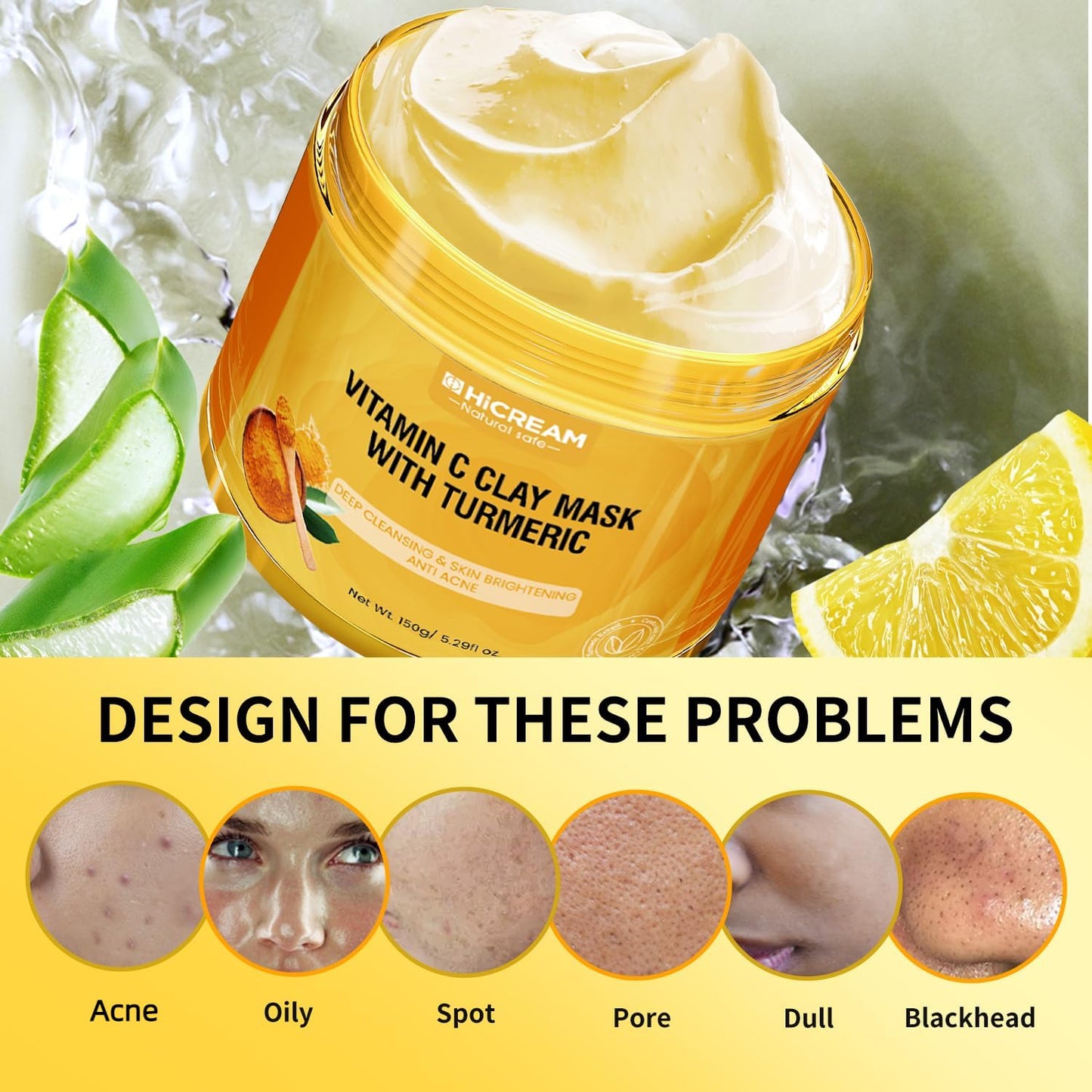 Hicream Turmeric Vitamin C Clay Mask with Kaolin Clay and Turmeric for Dark Spots, Dull Skin, Skincare Facial Mask for Controlling Oil and Refining