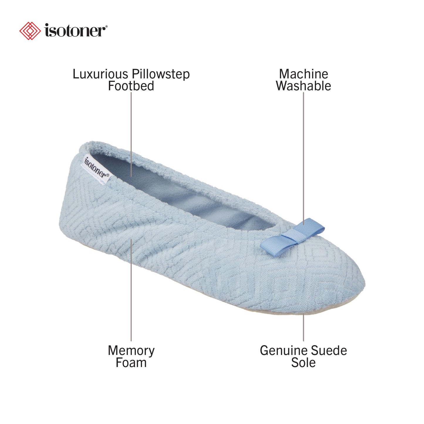 isotoner Women's Diamond Microterry Gemma Ballerina Slippers with Memory Foam Comfort and Genuine Suede Sole, Blue Fog Diamond, 5-6 Beauty & Personal Care isotoner