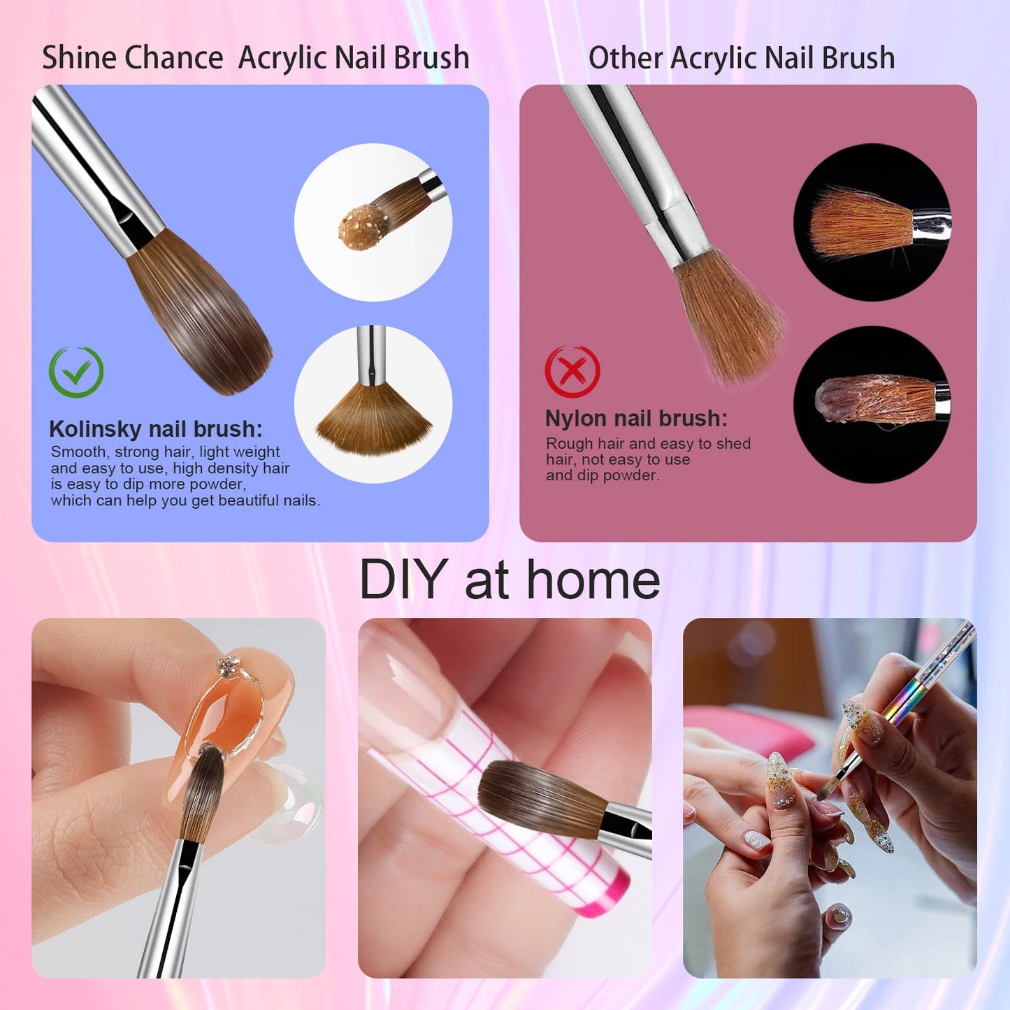 Shine Chance Acrylic Nail Brush Size 8, 100% Real Kolinsky Art Nail Brush for Acrylic Powder Application, Handmade Women Manicure Nail Extension Tool