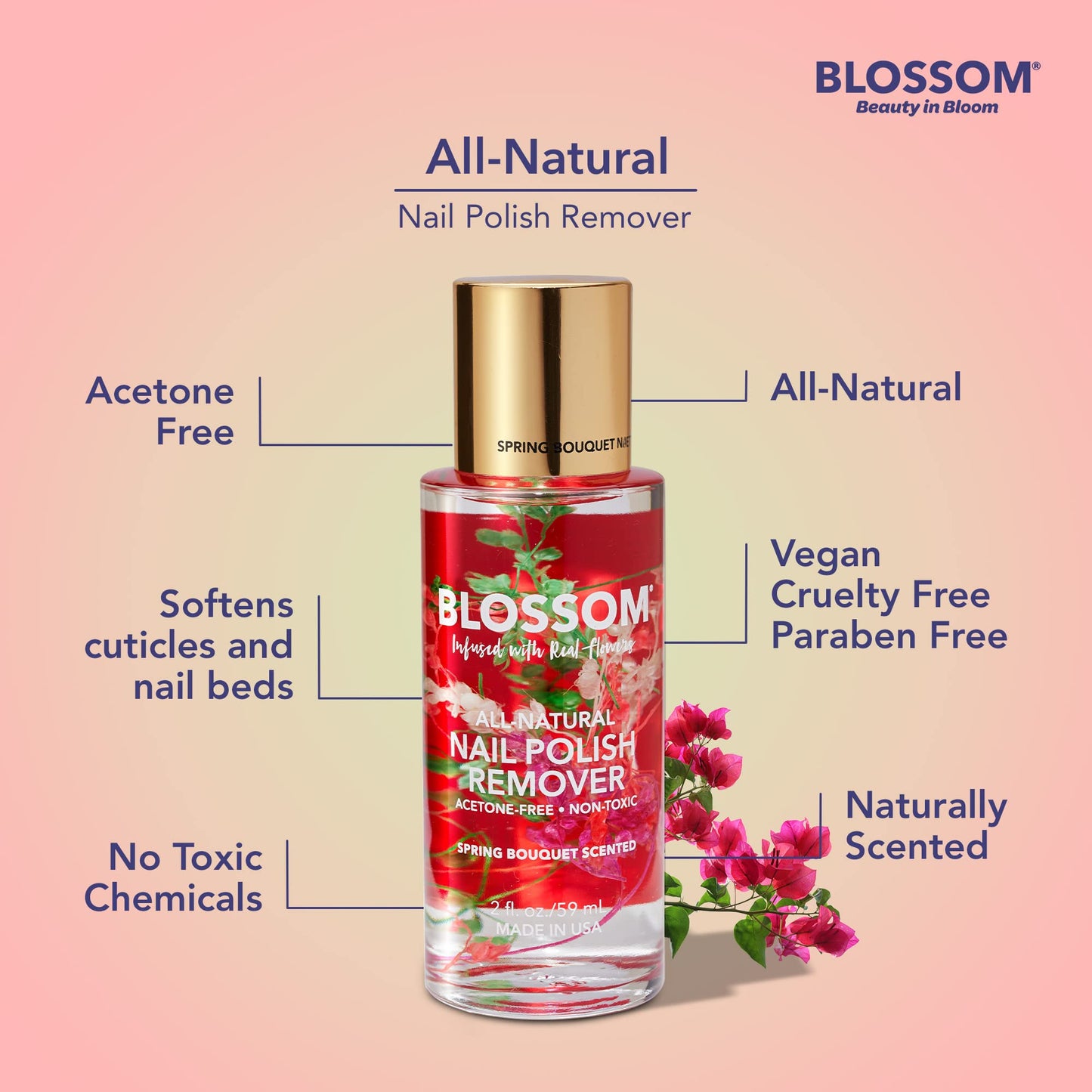Blossom Non Toxic Nail Polish Remover Non Acetone, All Natural Scented, Vegan, Acetone Free Nail Polish Remover, Organic Plant-Based, Infused