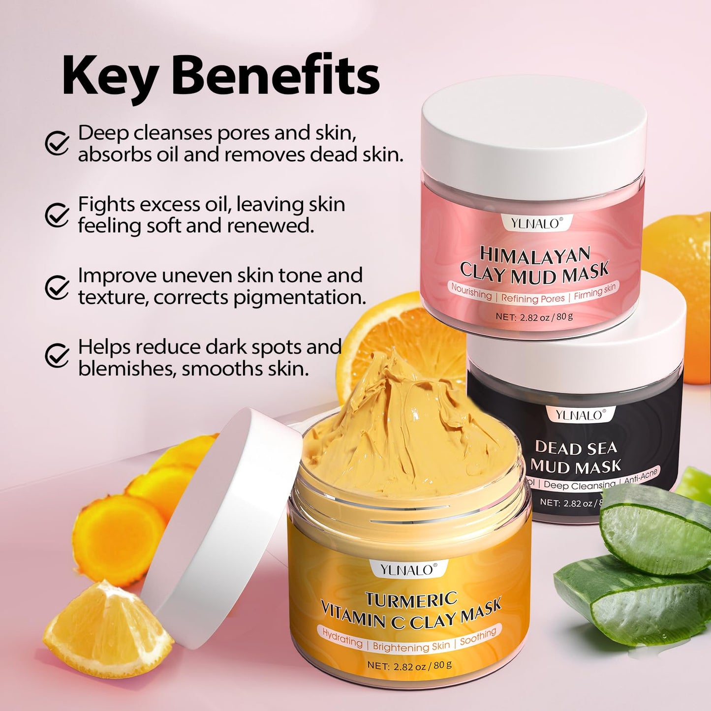 YLNALO Stocking Stuffers for Women 3 Pcs Clay Facial Mask Set - Turmeric Vitamin C, Dead Sea and Himalayan Clay Skin Care Mask for Deep Cleansing