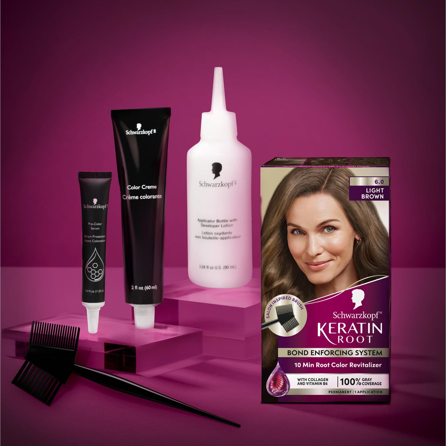Schwarzkopf Keratin Color Root Permanent Hair Color Kit, Light Brown, 1 Application - Salon Inspired Permanent Hair Dye, for up to 80% Less Breakage