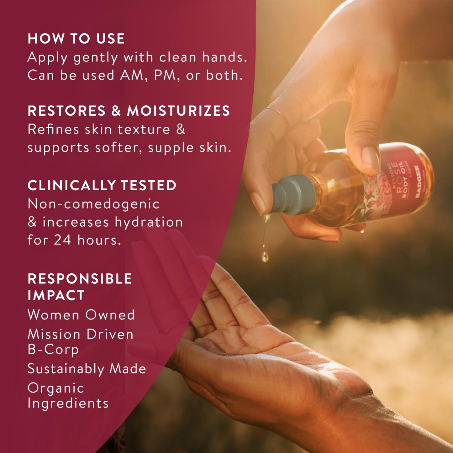 Badger Rose Body Oil, 100% Organic Rose Scented Body Oil, All Natural Body Moisturizer, Organic Jojoba & Rose Oils Soothe Dry Skin, 4 fl oz Glass