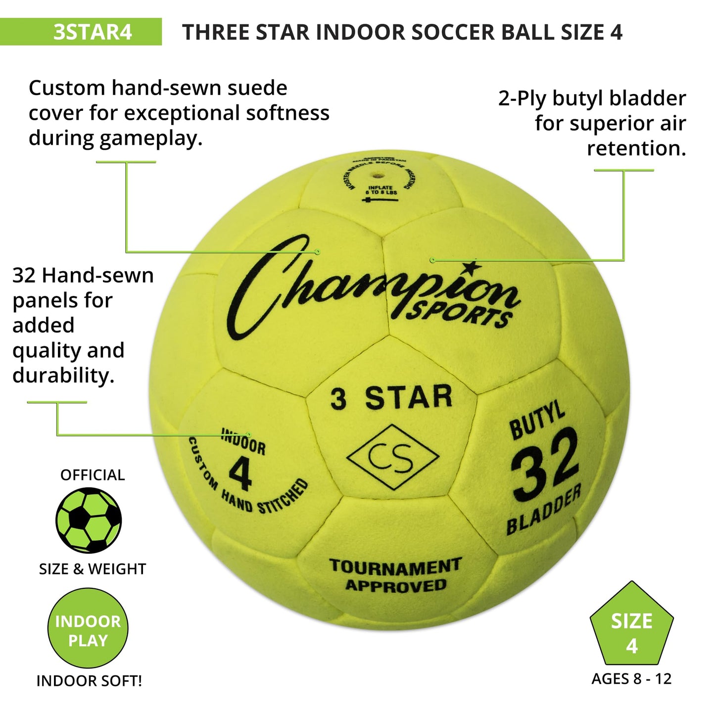 Champion Sports unisex adult (Ages 8 to 12) 3 Star Indoor Soccer Ball Size 4, Bright Yellow, Size 4 US