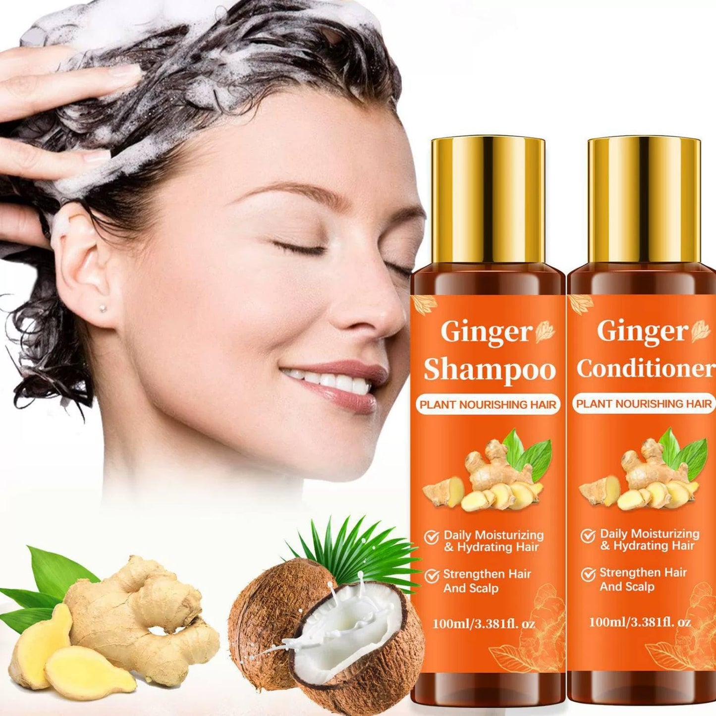 Ginger Shampoo and Conditioner Set for Stronger & Thicker Hair, Deep Moisturizing Cleaning Nourishing Formula to Reduce Hair Loss, Strengthen Strands