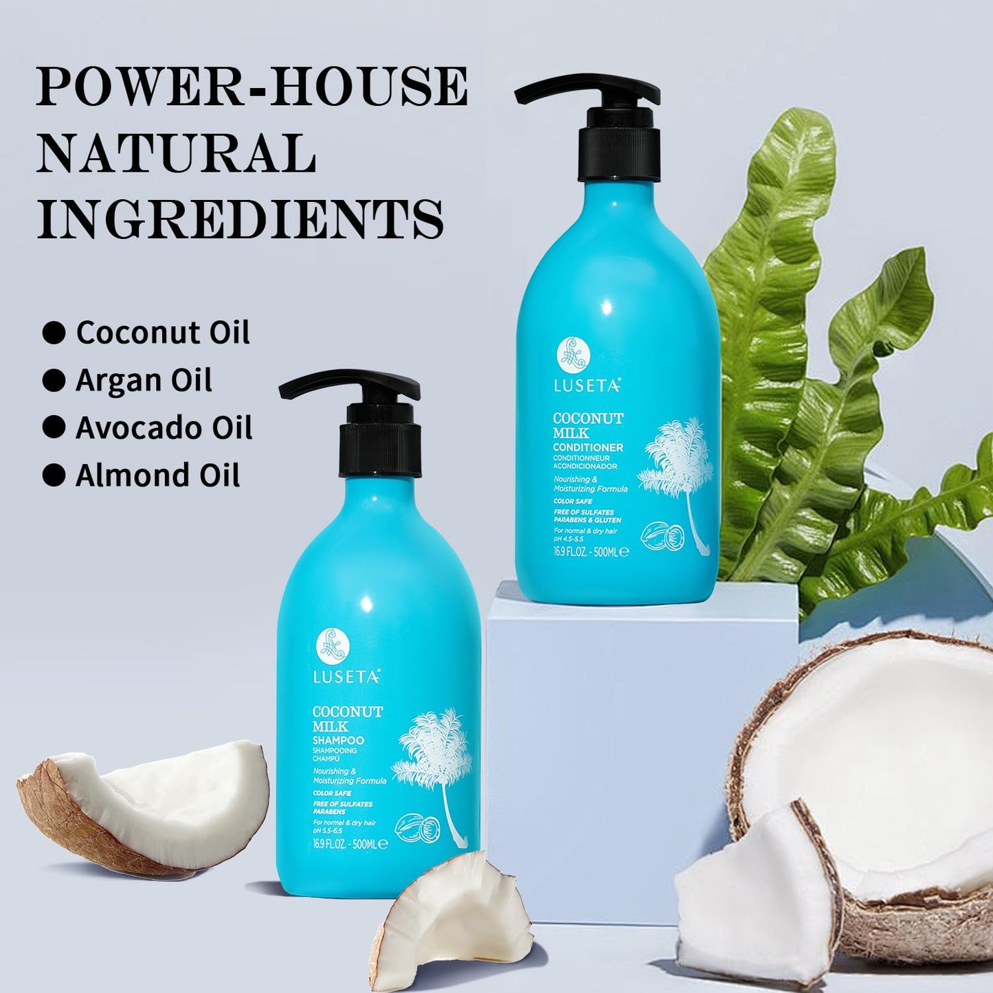 Luseta Coconut Oil Shampoo and Conditioner Set - with Argan, Avocado & Almond Oil - Moisturizing, Frizz Control & Split End Repair Sulfate Free, Color