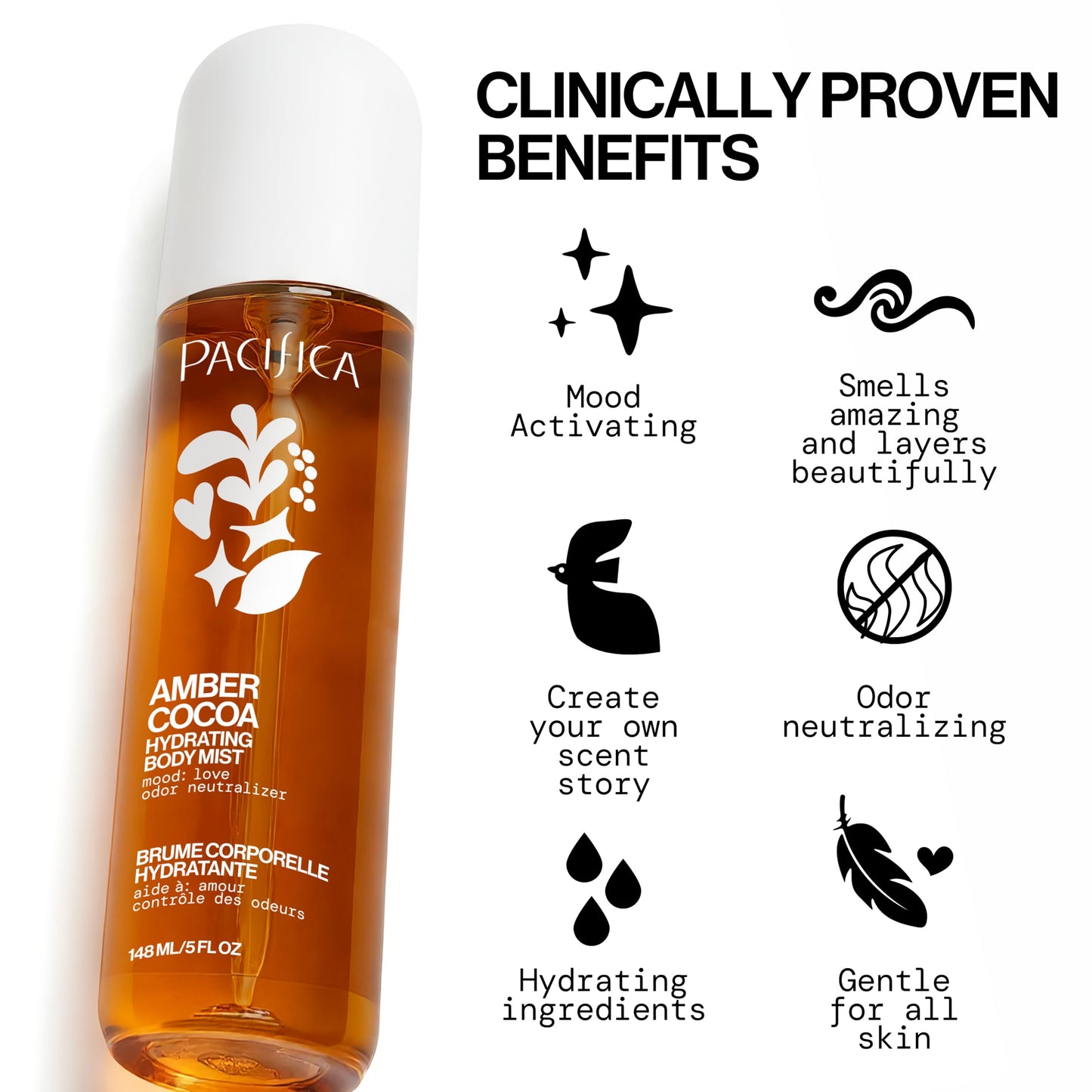 Pacifica Amber Cocoa Gourmand Body Mist for Women - Warm Vanilla Coffee Cocoa Fragrance Spray, Hydrating, Odor Neutralizing, Vegan & Cruelty-Free