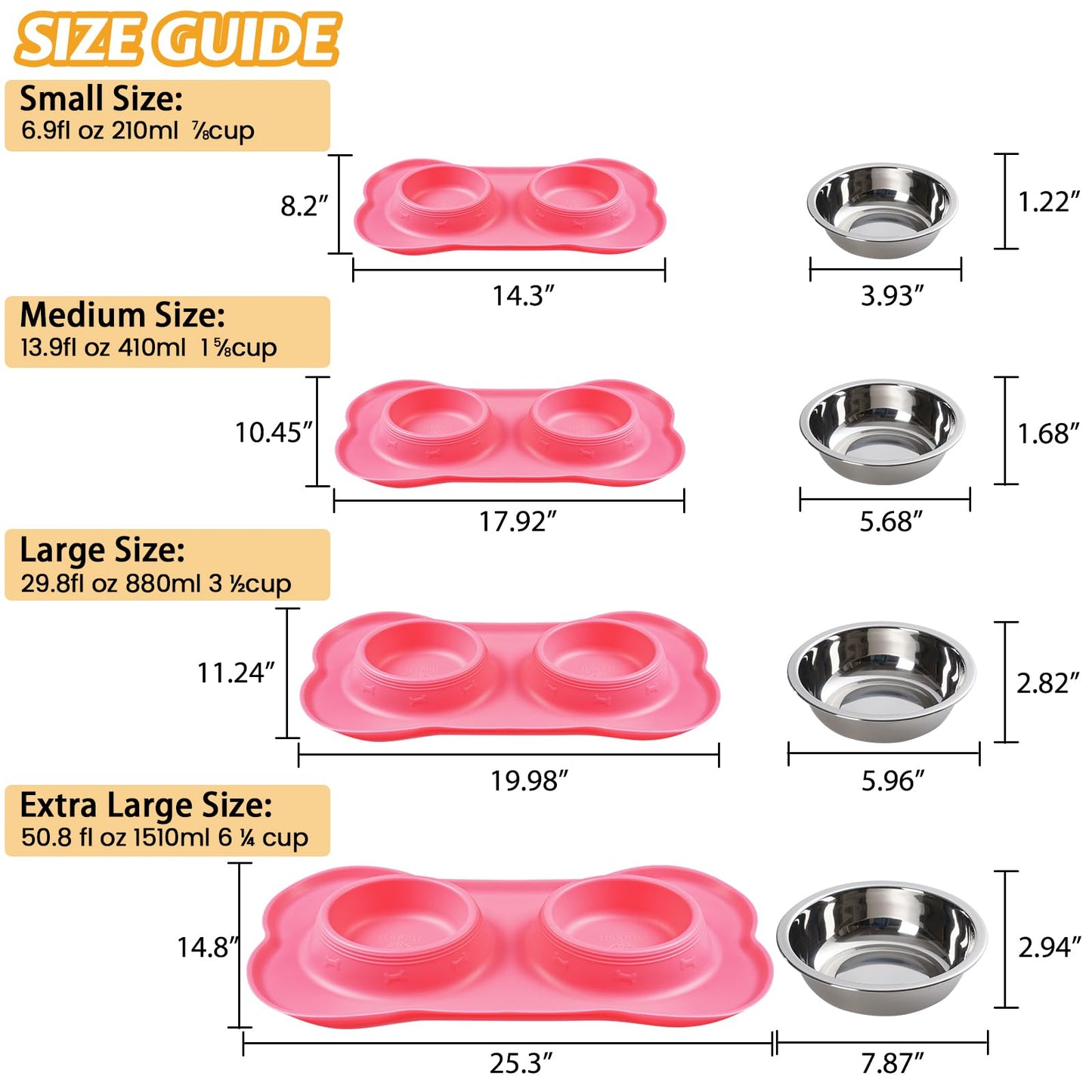Hubulk Pet Dog Bowls Set – 2 Stainless Steel Bowls with No Spill Non-Skid Silicone Mat & Pet Food Scoop – For Small, Medium, Large Dogs & Cats (Pink)
