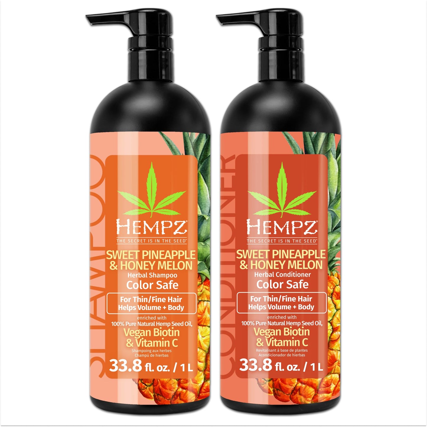 HEMPZ Hair Shampoo & Conditioner Set - Sweet Pineapple & Honey Melon Scent for Thin/Fine Dry, Damaged and Color Treated Hair, Hydrating, Softening