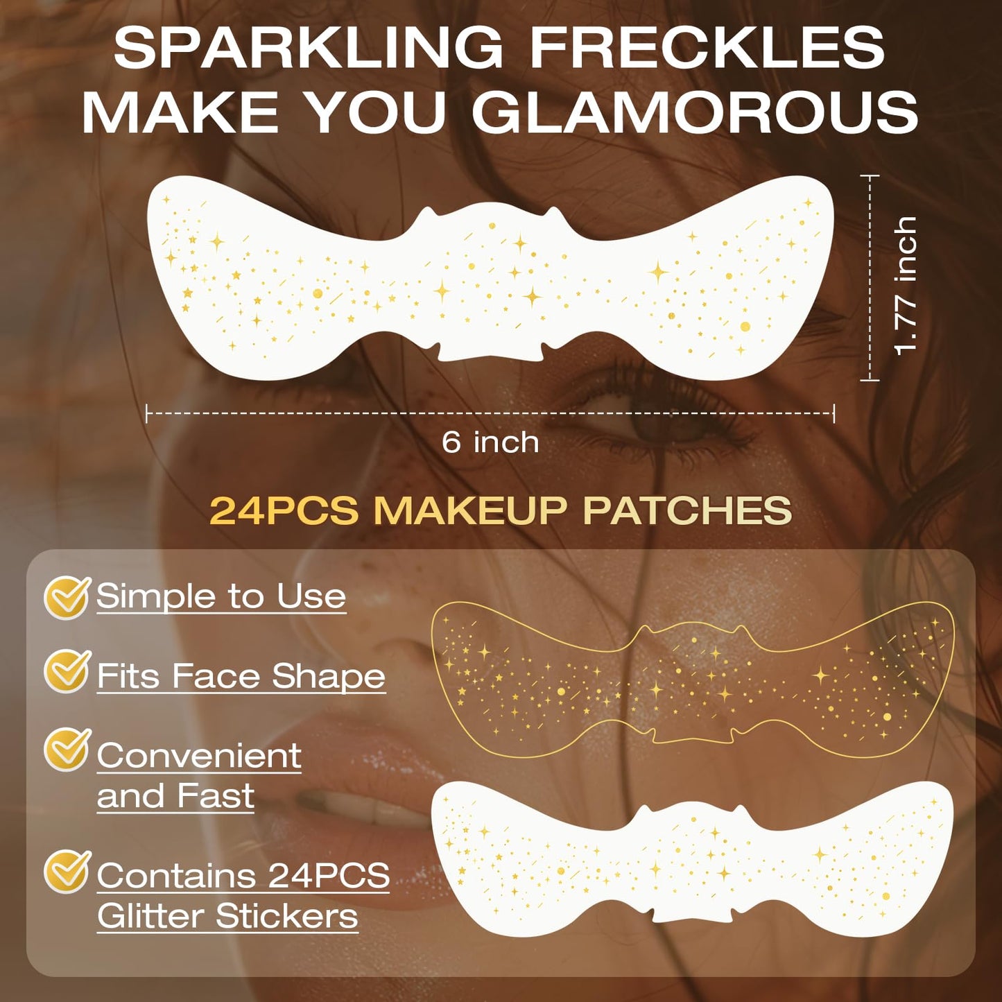 Leterly 24 Pcs Glitter Freckles Face Tattoo,Gold Face Glitter Makeup Patches Cute Sparkle Freckles Patches Waterproof Makeup Speckles for Face