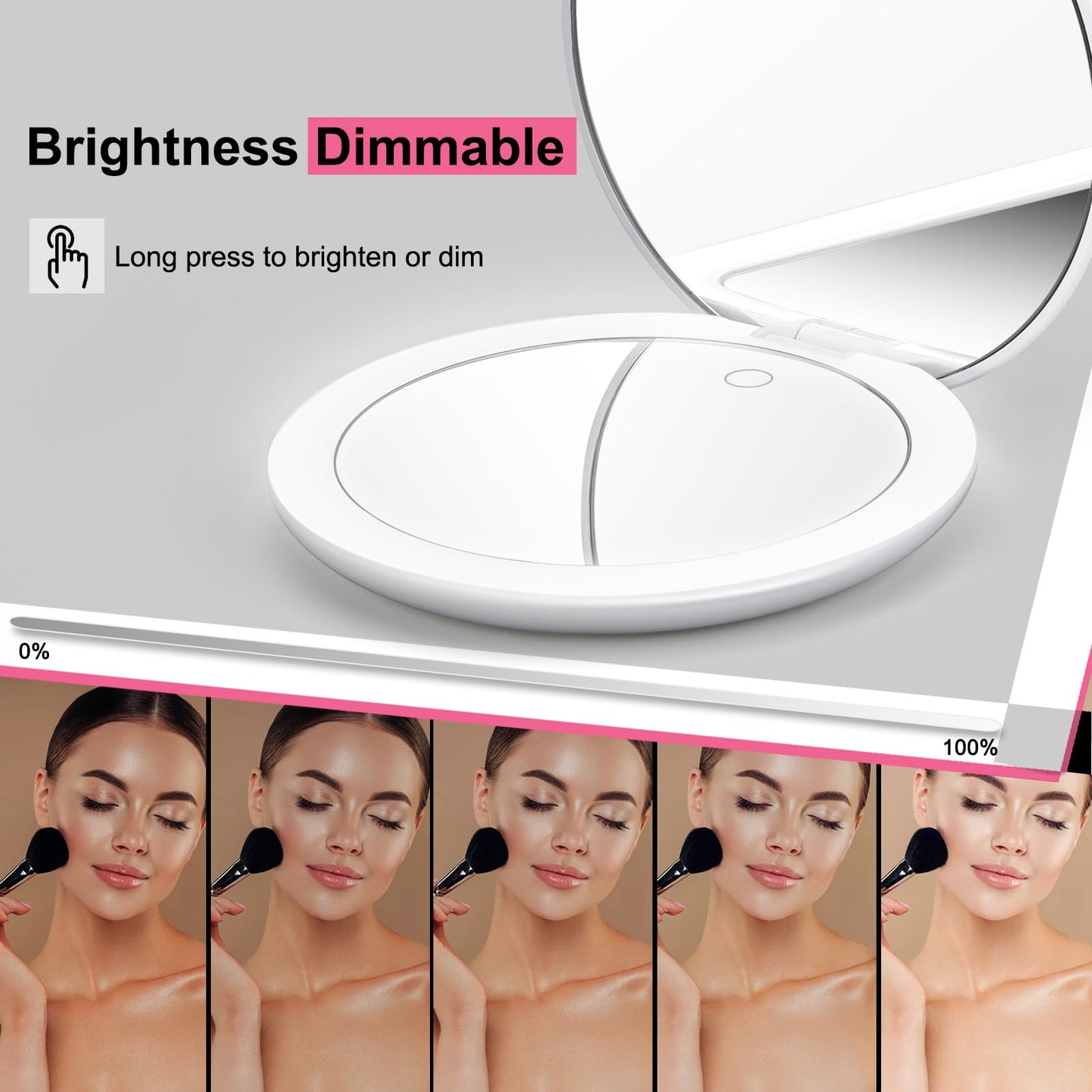 LED Lighted Compact Magnifying Travel Makeup Mirror - 5 inches Double Sided 1X/10X Magnification, USB Rechargeable 1000mAh, Touch Screen, 56 High-CRI