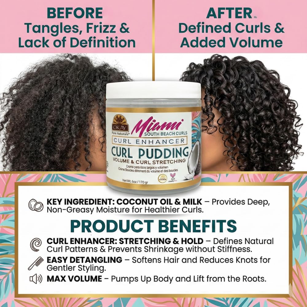 OKAY Miami South Beach Curls Curl Enhancer Curl Pudding 6 oz - Moisturizing Curl Defining Cream for Curly, Coily & Wavy Hair - Frizz Control, Deep