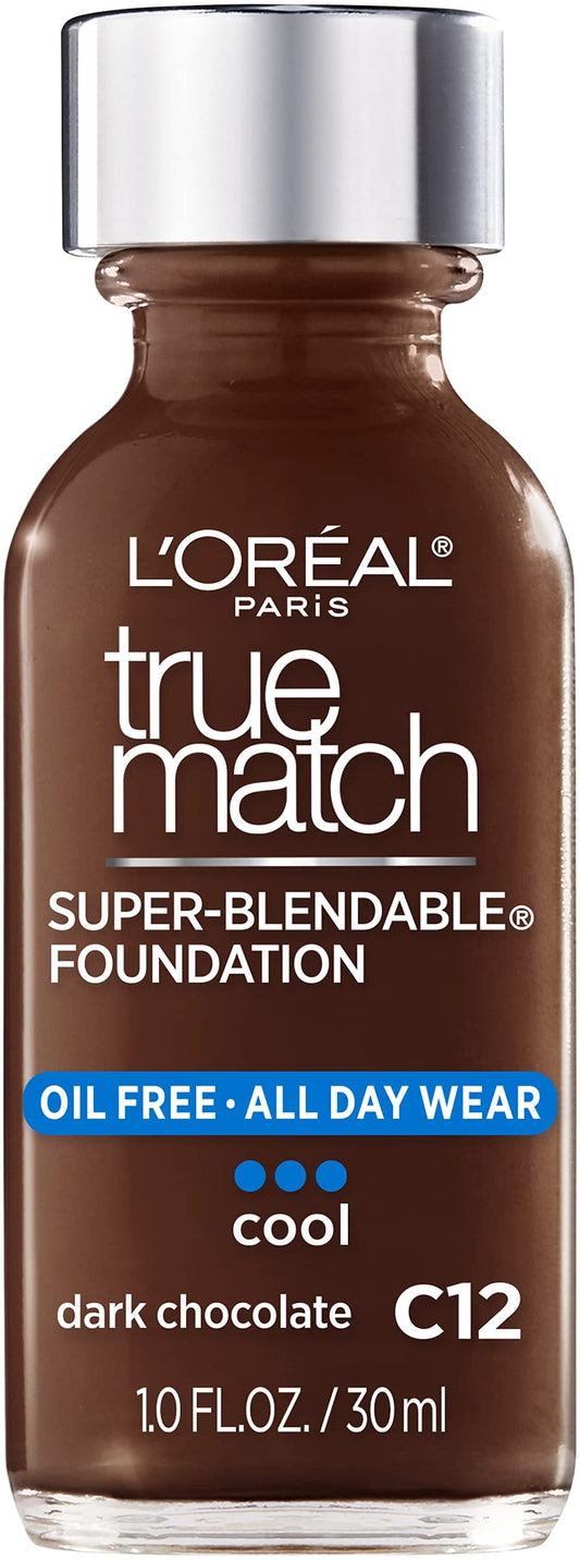 L’Oréal Paris Makeup True Match Super-Blendable Liquid Foundation, Dark Chocolate C12, 1 Fl Oz,1 Count