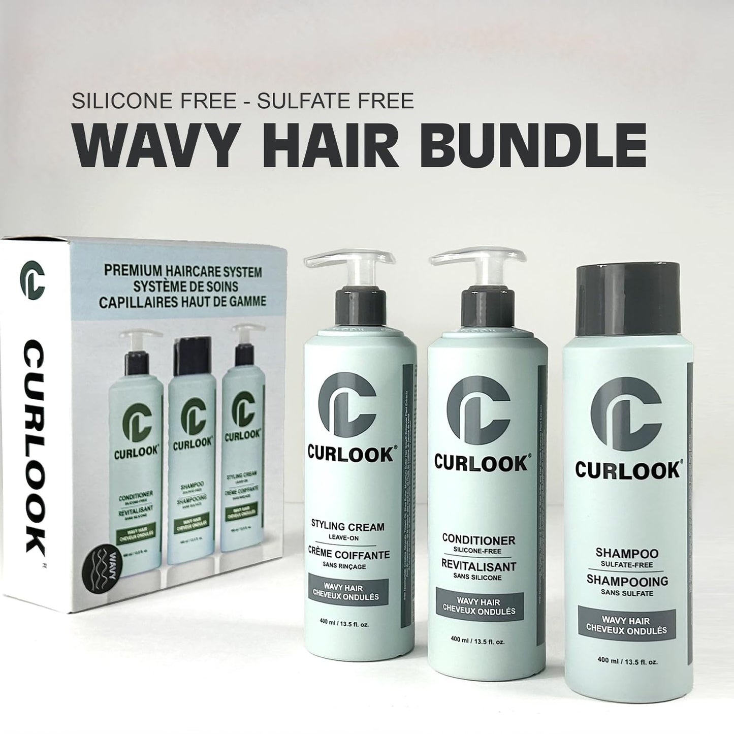 CURLOOK Wavy Hair Bundle | Shampoo, Conditioner & Leave-In Styling Cream Set | Sulfate-Free, Silicone-Free | Pack of 3-400ml (13.5 oz) Each Bottle |