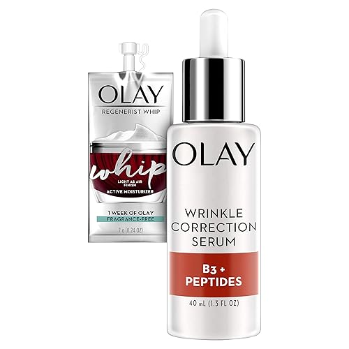 Olay Collagen Peptides Wrinkle Correction Serum, 1.3 Fl Oz + Whip Face Moisturizer Travel/Trial Size Bundle