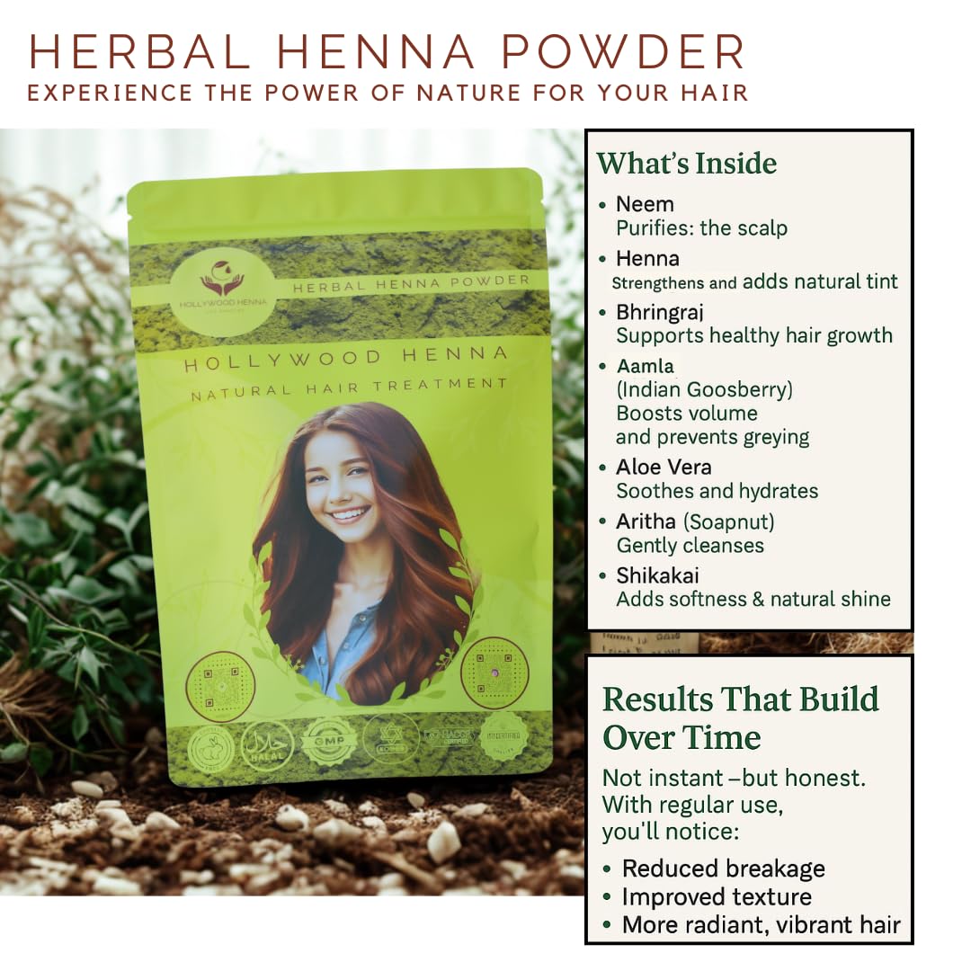 Hollywood Henna Hair Powder (Herbal Henna Powder - 227g) Hair Treatment 100% Organic Henna Powder for Hair Coloring & Conditioning Chemical Cruelty