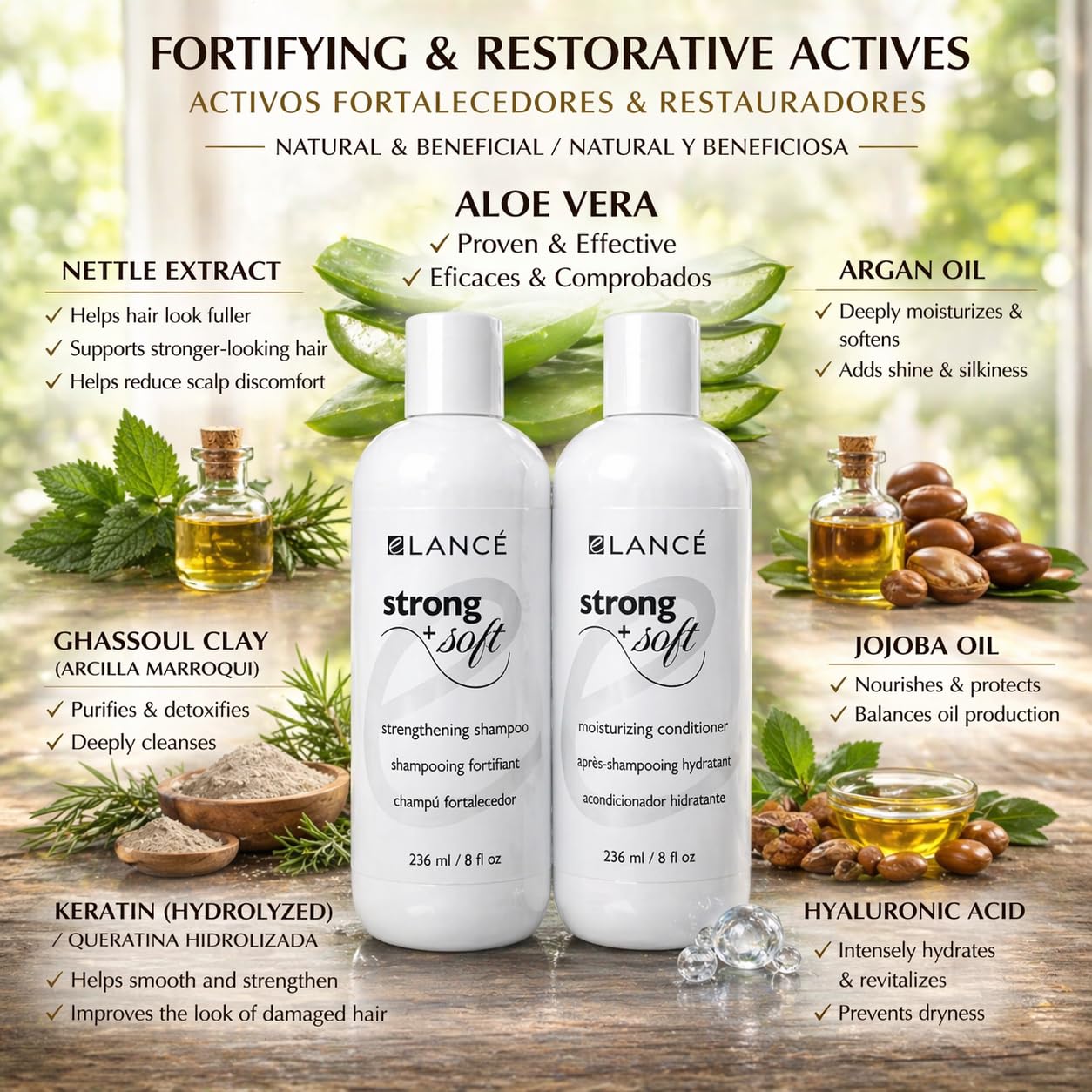Hair Growth & Repair Shampoo and Conditioner Set with Rosemary, Minoxidil, Biotin, Argan & Keratin - eLANCÉ Strong + Soft - Anti Hair Loss, Frizz
