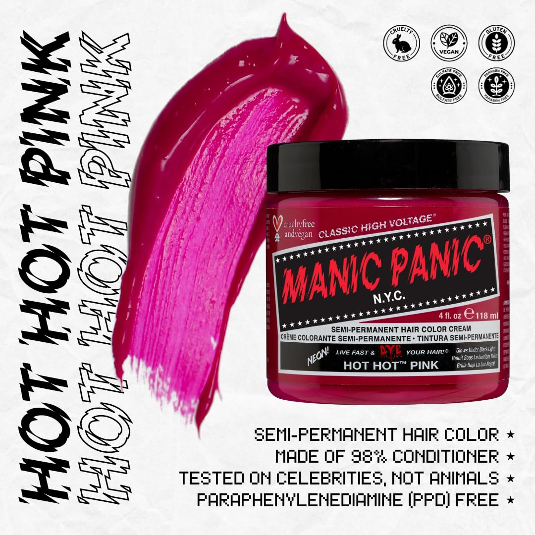 MANIC PANIC Classic Hot Hot Pink Semi Permanent Hair Color - Neon Pink Hair Dye for Women & Men That Lasts 4-6 Weeks - Vegan, Ammonia & Cruelty-Free