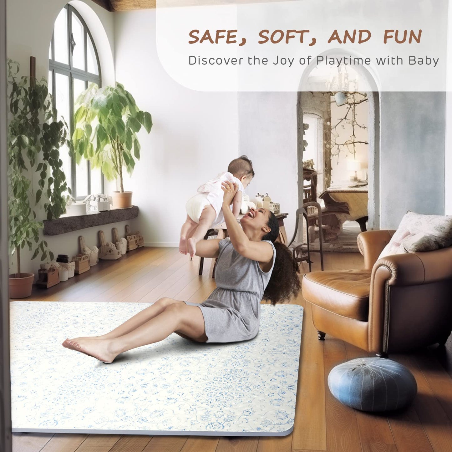 Extra Large Baby Play Mat - 4FT x 6FT Non-Toxic Foam Puzzle Floor Mat for Kids & Toddlers (Persia Handmade Pattern, Blue and White)