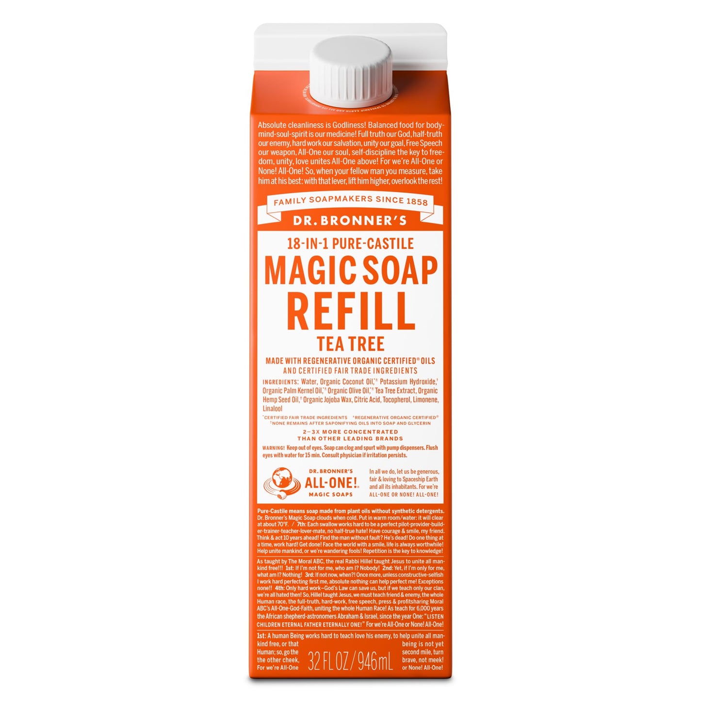 Dr. Bronner's Magic Soap-Pure-Castile Liquid Soap Refill (Tea Tree, 32 ounce, 1-Pack)-Regenerative Organic Certified Oils, For Body, Hair, Laundry