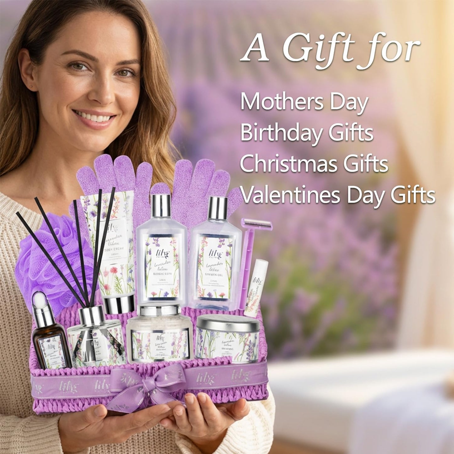 Mothers Day Gifts for Women - 15-Piece Lavender Bath and Body Gift Basket Set for Women, Spa Gift Basket, Bath Set | Birthday, Valentines Day Gifts