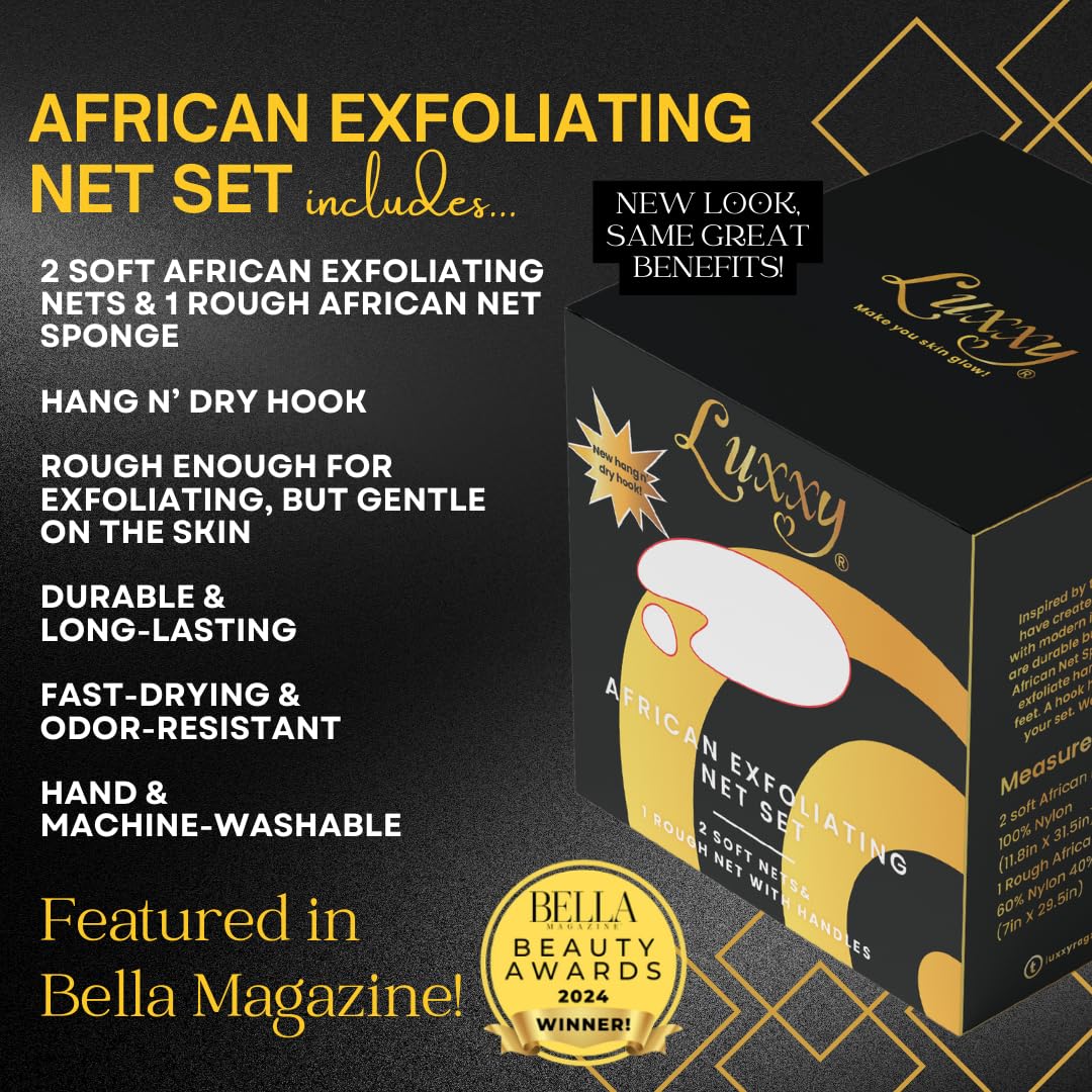 Luxxy® | 3 Pack Set 2 Soft African Exfoliating Nets & 1 Rough African Net Sponge with Handles For The Back, Neck or Feet, Black Women Owned, Achieve
