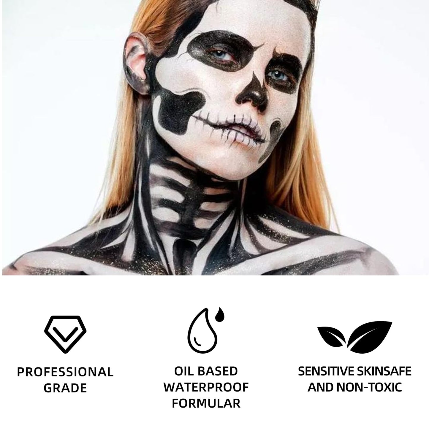 White Black Oil Face Body Paint Set, Halloween Skeleton Makeup Kit with 2 Brushes, Professional Black and White Face Painting Kit for Halloween Make