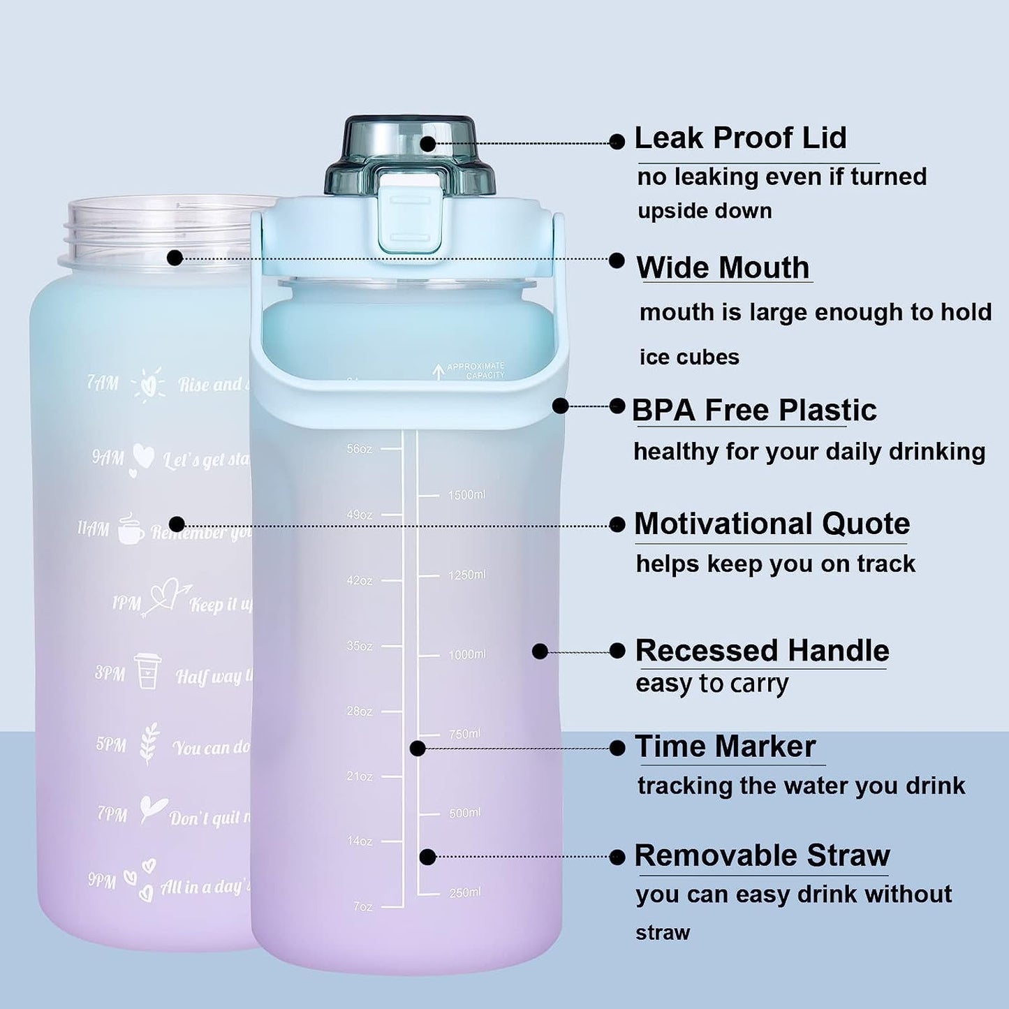 VELINE Large Motivational Water Bottle with Straw, 64oz Half Gallon Water Jug with Time Marker, Leak-Proof and BPA-Free for Sports and Fitness