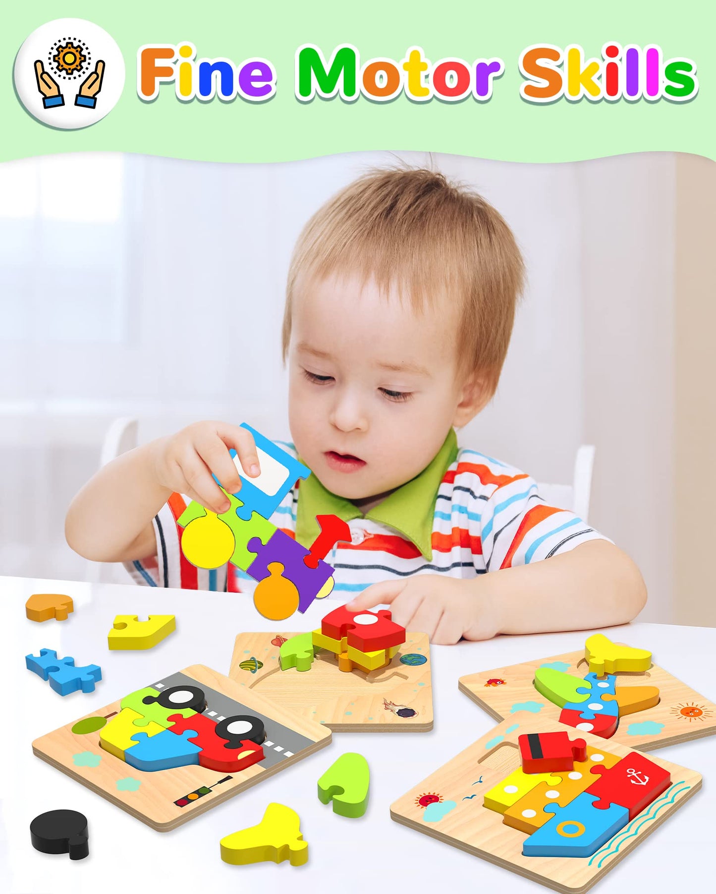 Yetonamr Wooden Toddler Puzzles – 6 Vehicle Shape Montessori Educational Toys for Boys & Girls Ages 1–4, Learning & Birthday Gift