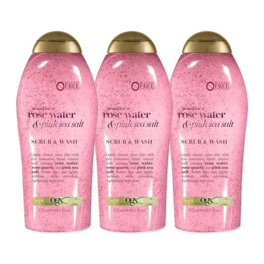 OGX Sensitive + Pink Sea Salt & Rosewater Sulfate-Free Soothing Body Scrub with Healing Rose Quartz, Gentle Exfoliating Daily Body Wash to Soften Beauty & Personal Care OGX