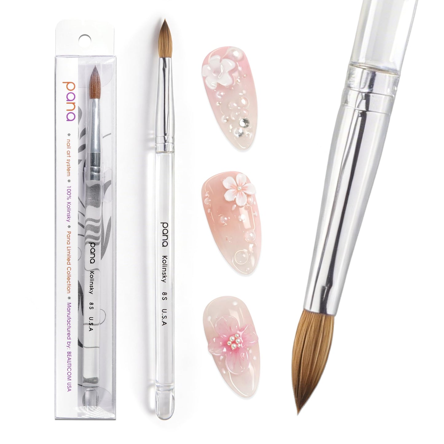 PANA Pure Kolinsky Hair Acrylic Nail Brush - Oval Crimped Clear Acrylic Handle (Size 8) Beauty & Personal Care PANA