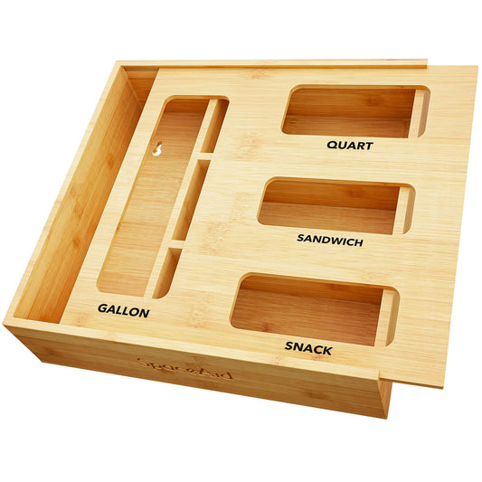 SpaceAid Bag Storage Organizer for Kitchen Drawer, Bamboo Organizer, Compatible with Gallon, Quart, Sandwich and Snack Variety Size Bag (1 Box 4Slots)