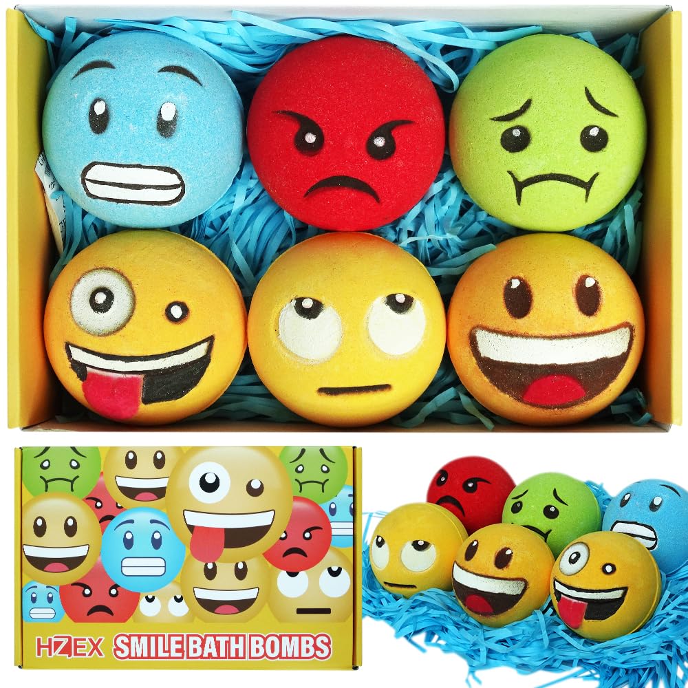 HZEX Large Emotion Face Bath Bombs Set of 6 - Fun Emoji-Inspired Spa Fizzies - Handmade with Shea Butter, Cocoa Butter & Essential Oils…