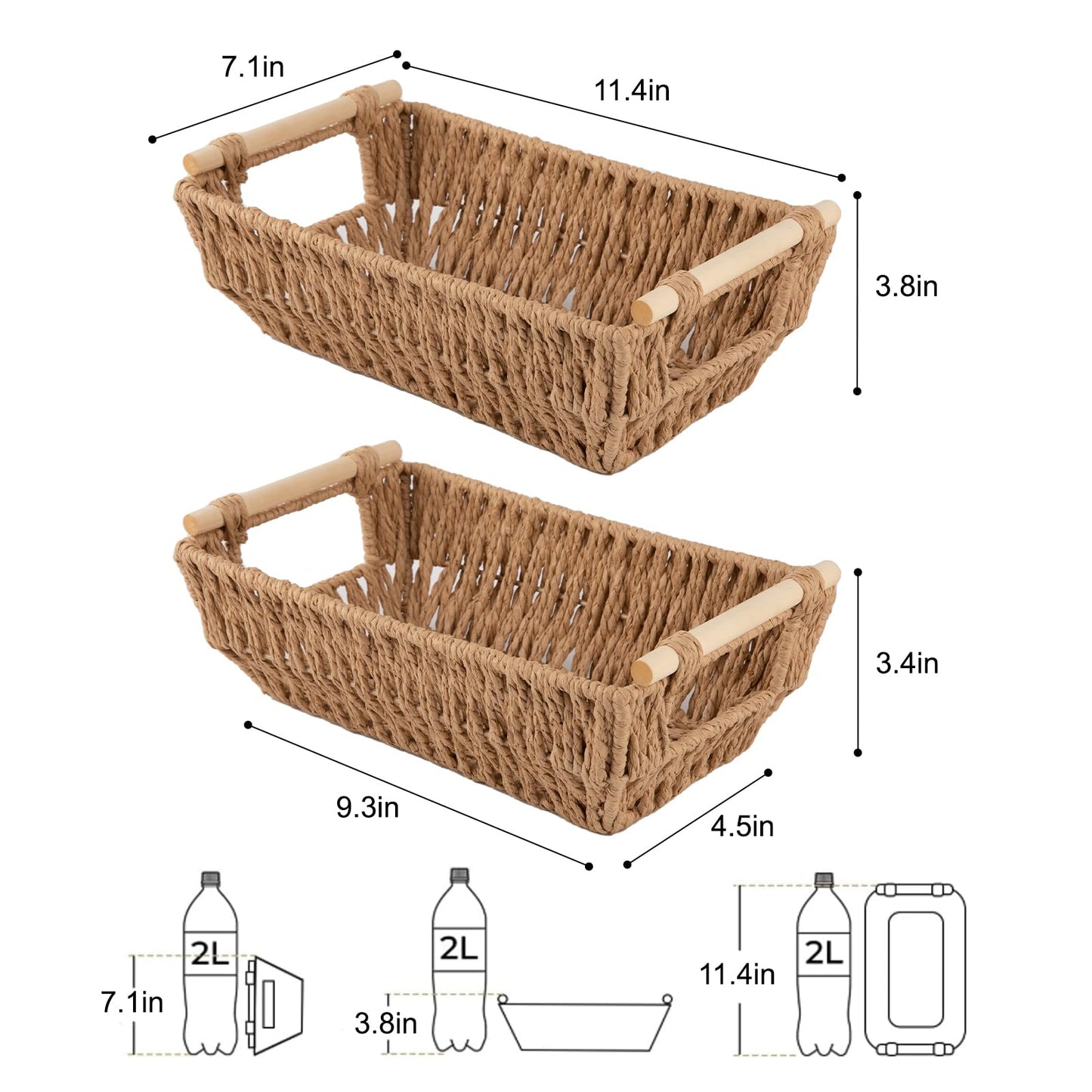 OIAHOMY Small Storage Baskets, Paper Rope Wicker Organizers with Wooden Handles, Baskets for Organizing, 2-Pack, Yellow
