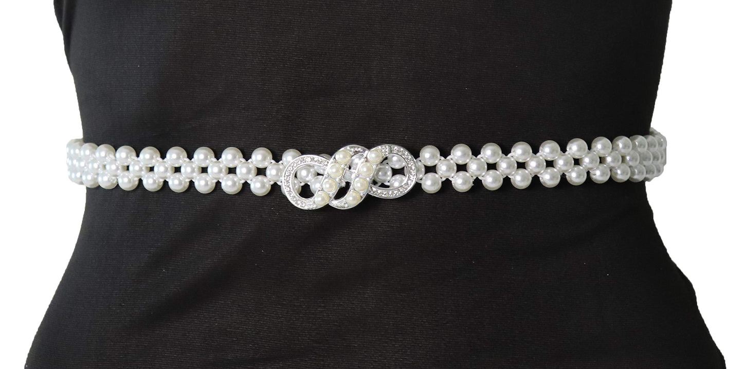 Ulalaza Women Stretch Imitation Pearl Belt,Rhinestones Interlocking Buckle Dress Elastic Waist Belts for Party Dress and Wedding Dresses Sash