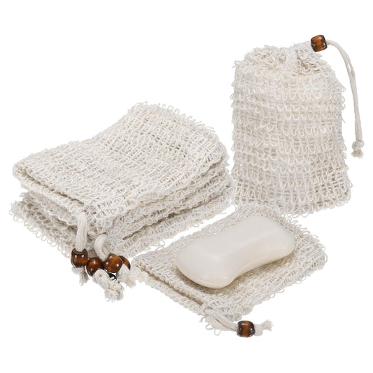uxcell 10 Pcs Soap Saver Bag, 5.5"x3.5" Mesh Soap Bag with Drawstring Light Brown Wooden Bead Cotton Scrubber Pouch Exfoliating Net for Body Shower Beauty and Personal Care uxcell