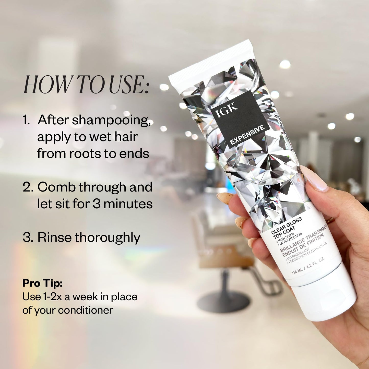 IGK EXPENSIVE Clear Gloss Top Coat | High Shine Gloss Treatment for Soft, Smooth Glass Hair | Revives Color-Treated Hair and Helps Control Frizz | 4.2
