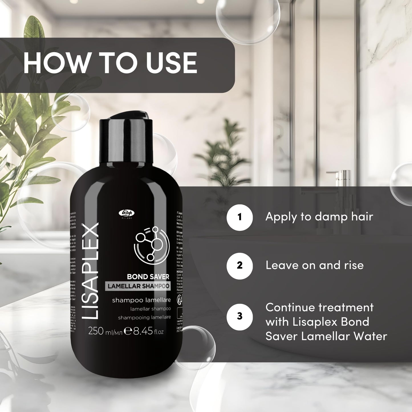Lisap Lisaplex Bond Saver Lamellar Shampoo for All Hair Types - Damaged Hair Repair, Care & Strengthen, Sulfate Free, 8.45 fl oz