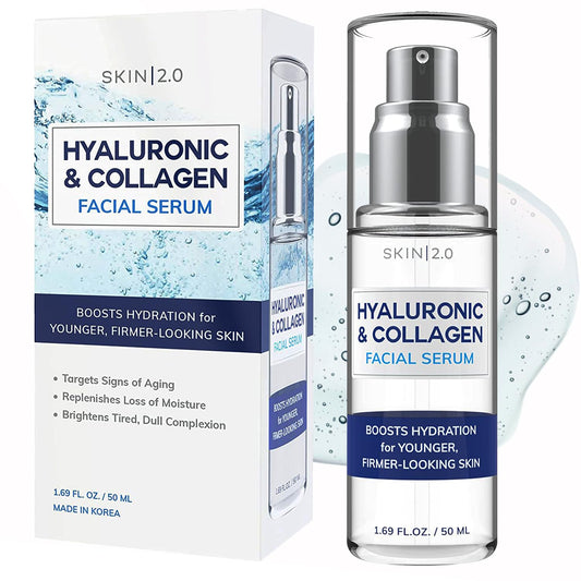 Skin 2.0 Hyaluronic Acid & Collagen Face Serum - Dermatologist Tested, Skin Tightening, Hydrating - Anti-Aging, Clean Beauty, Cruelty-Free Korean