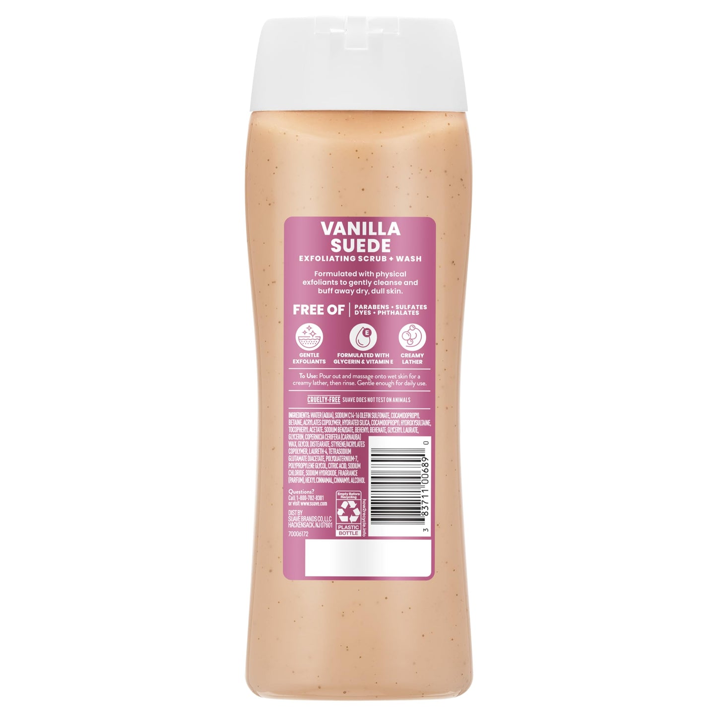 Suave Vanilla Suede Exfoliating Body Wash & Scrub with Glycerin & Vitamin E, Sulfate-Free Hydrating Cleanser for Soft, Smooth Skin, 18 FL OZ